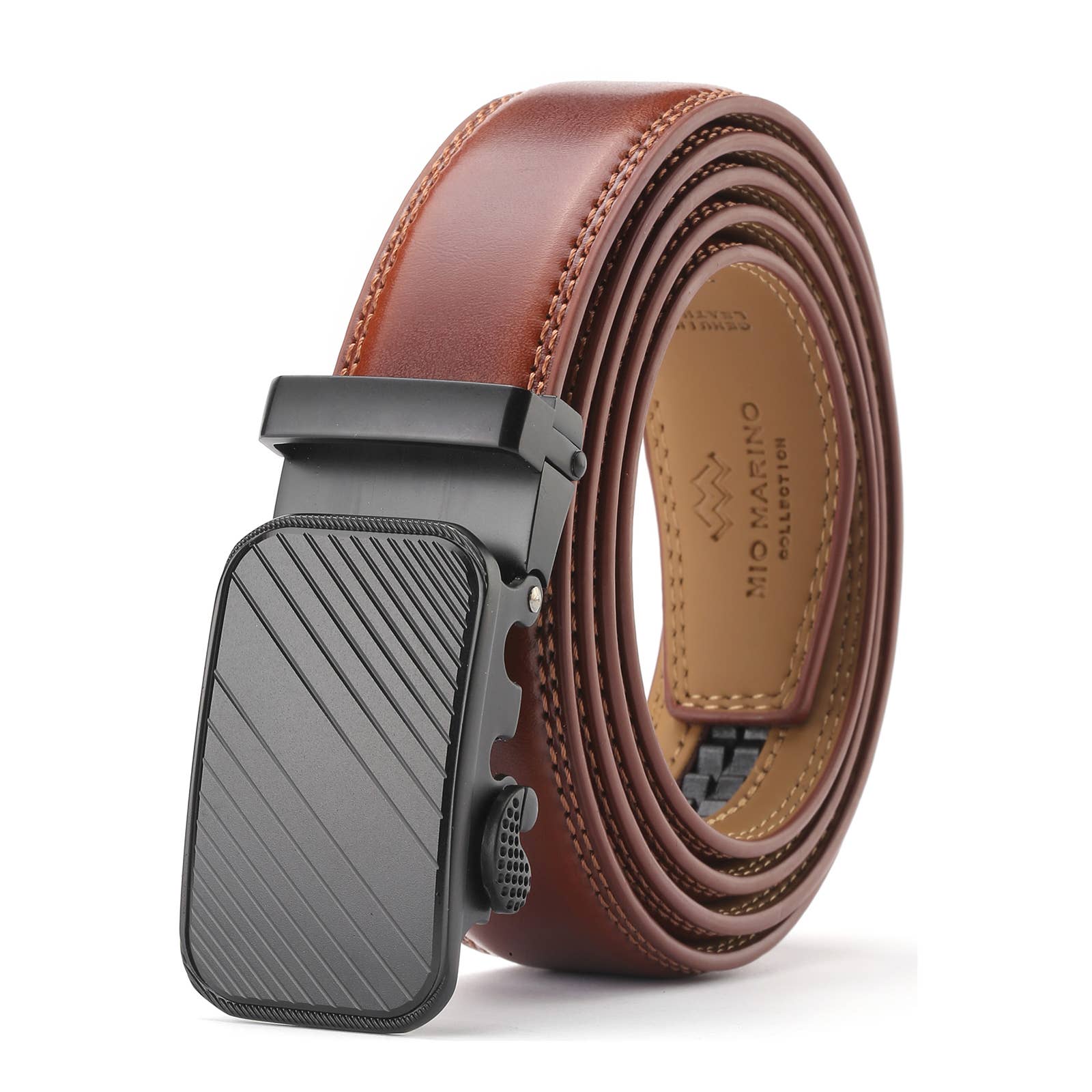 Mio Marino Mio Marino - Modern Striped Ratchet Belt: Deep Charcoal / Genuine Leather / Adjustable from 38" to 54" Waist