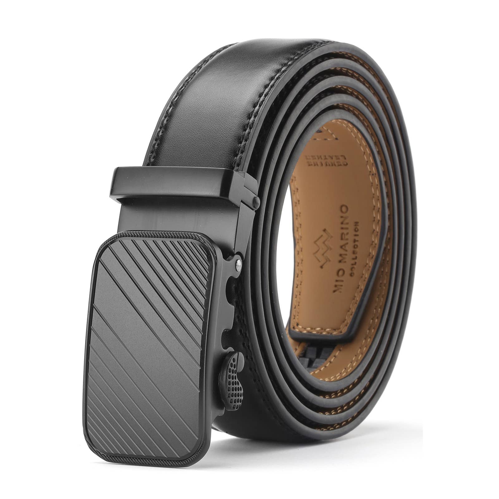 Mio Marino Mio Marino - Modern Striped Ratchet Belt: Deep Charcoal / Genuine Leather / Adjustable from 38" to 54" Waist