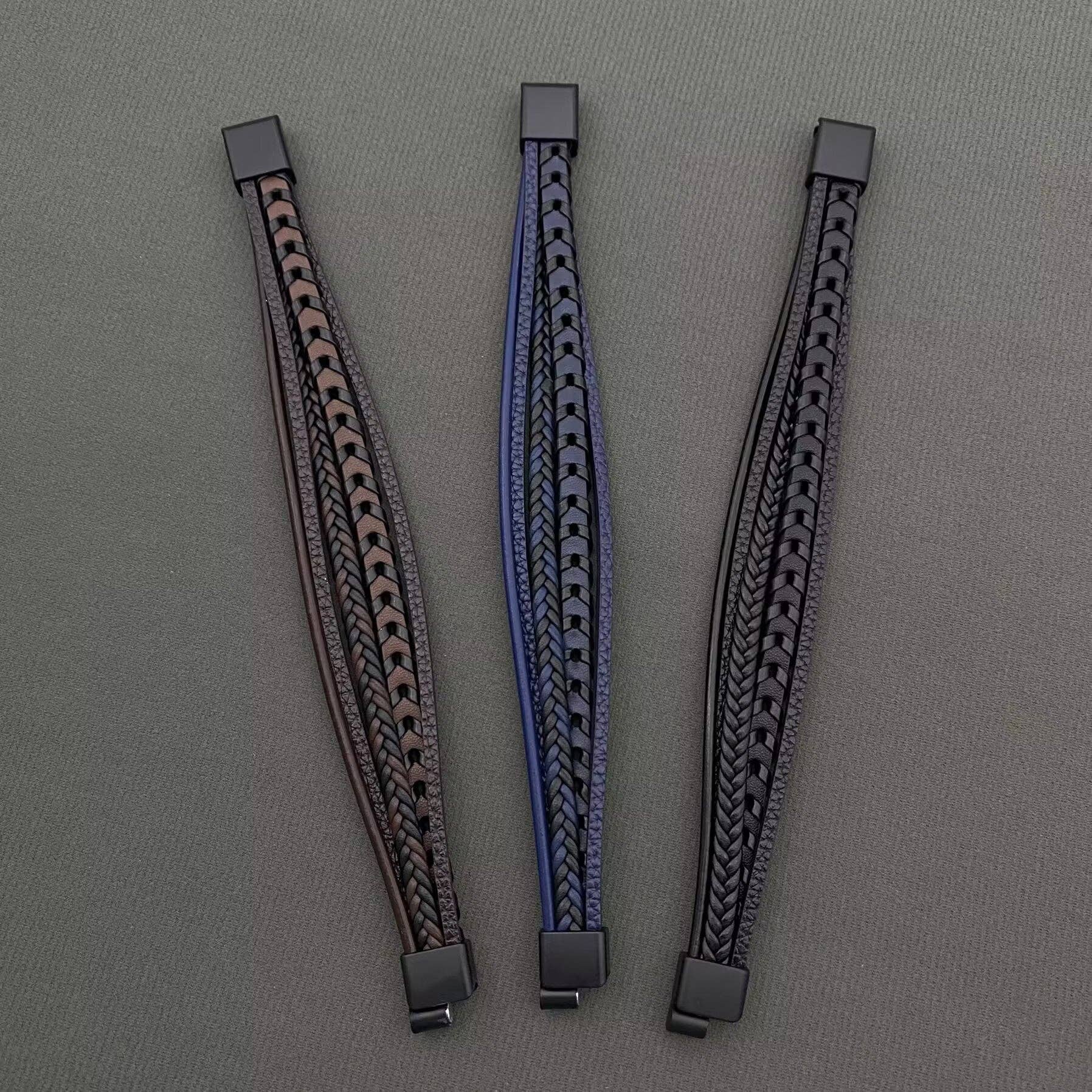 Mio Queena Mio Queena - Men's Hand-woven PU Leather Magnetic Buckle Bracelets -MJ/BC: Brown / 190mm / 7.48in