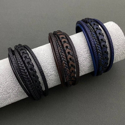 Mio Queena Mio Queena - Men's Hand-woven PU Leather Magnetic Buckle Bracelets -MJ/BC: Brown / 210mm / 8.27in