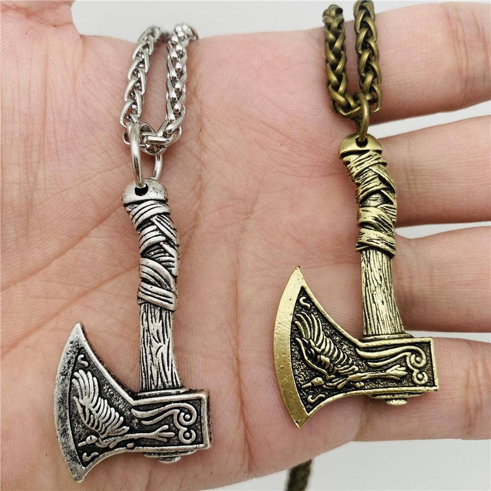 Mio Queena Mio Queena - Men's Raven Double Sided Axe Pendant Necklace - MJ: Ancient silver