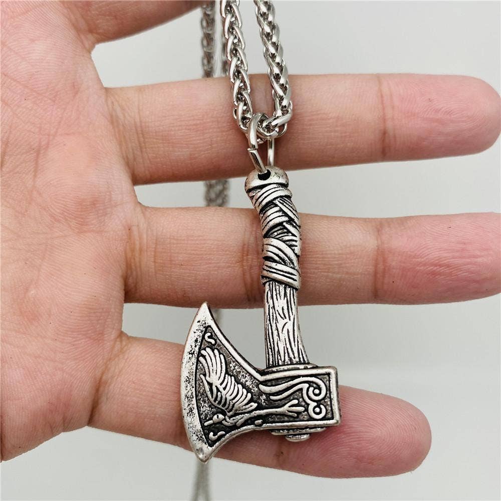 Mio Queena Mio Queena - Men's Raven Double Sided Axe Pendant Necklace - MJ: Ancient silver