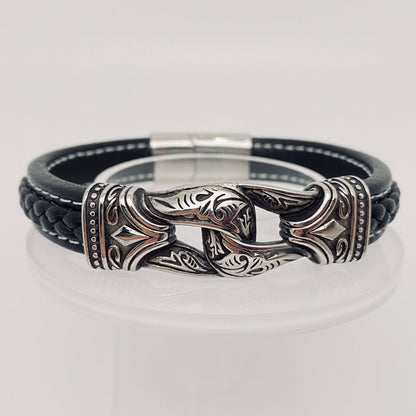 Mio Queena Mio Queena - Men's Stainless Steel Carved Leather Viking Bracelet - MJ/BC: 20cm