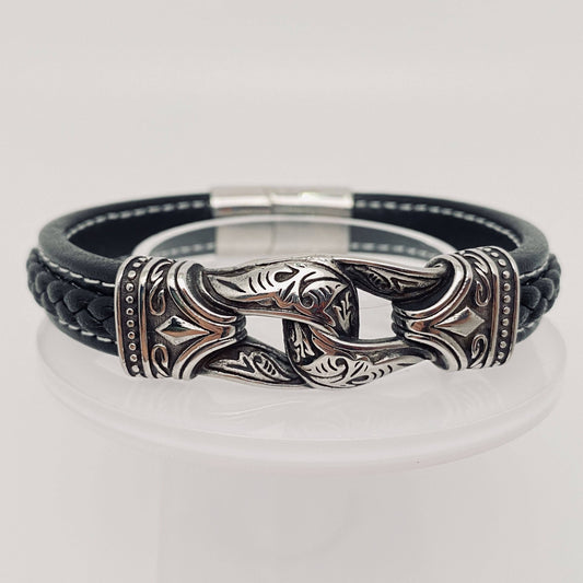 Mio Queena Mio Queena - Men's Stainless Steel Carved Leather Viking Bracelet - MJ/BC: 20cm
