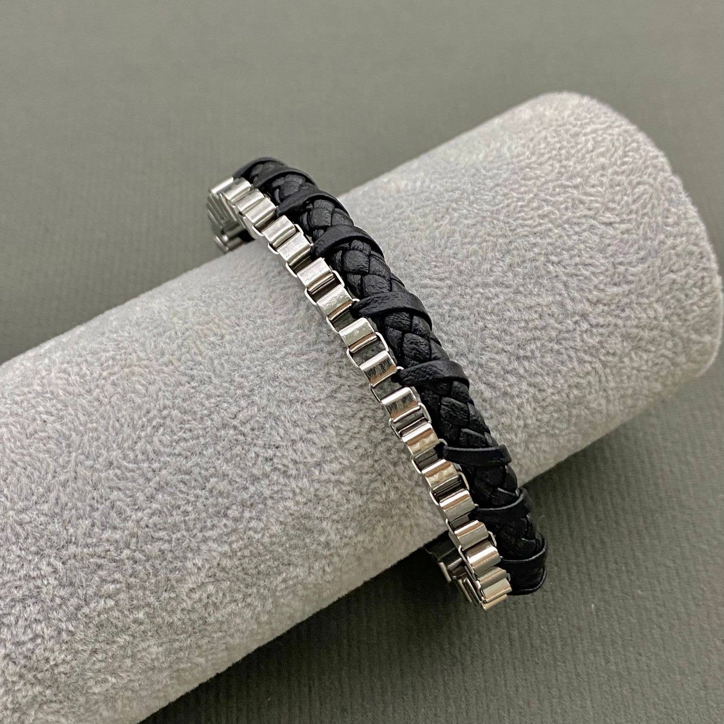 Mio Queena Mio Queena - Men's Stainless Steel PU Leather Woven Bracelet - MJ/BC