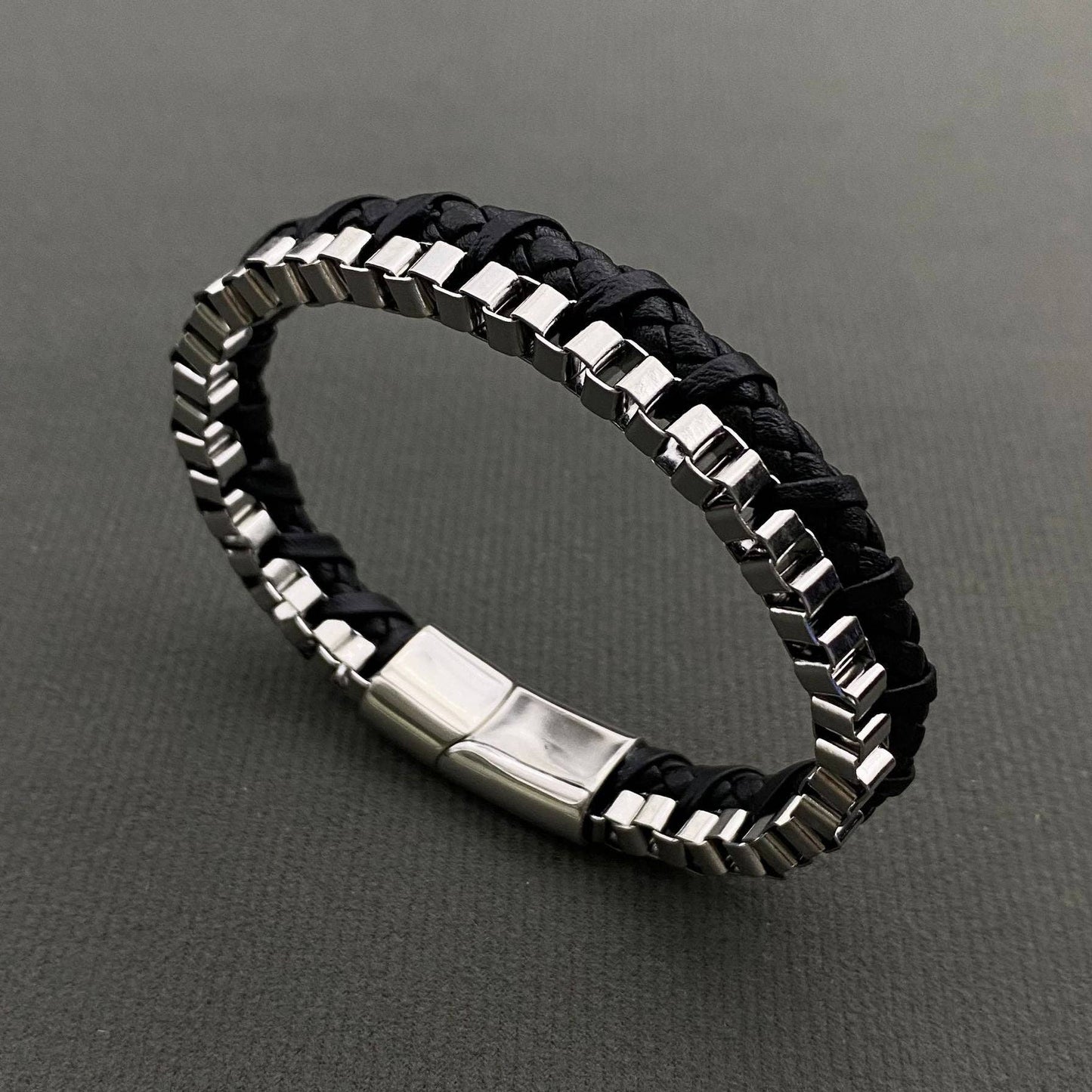 Mio Queena Mio Queena - Men's Stainless Steel PU Leather Woven Bracelet - MJ/BC
