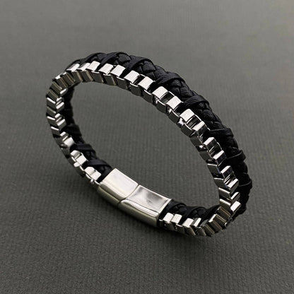Mio Queena Mio Queena - Men's Stainless Steel PU Leather Woven Bracelet - MJ/BC