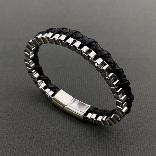 Mio Queena Mio Queena - Men's Stainless Steel PU Leather Woven Bracelet - MJ/BC