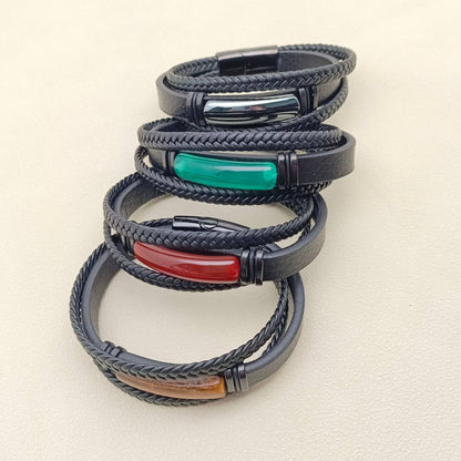 Mio Queena Mio Queena - Men's Stone-Inlaid Three-Layer Leather Woven Bracelet -MJ/BC: Style 3 / 210mm / 8.27in