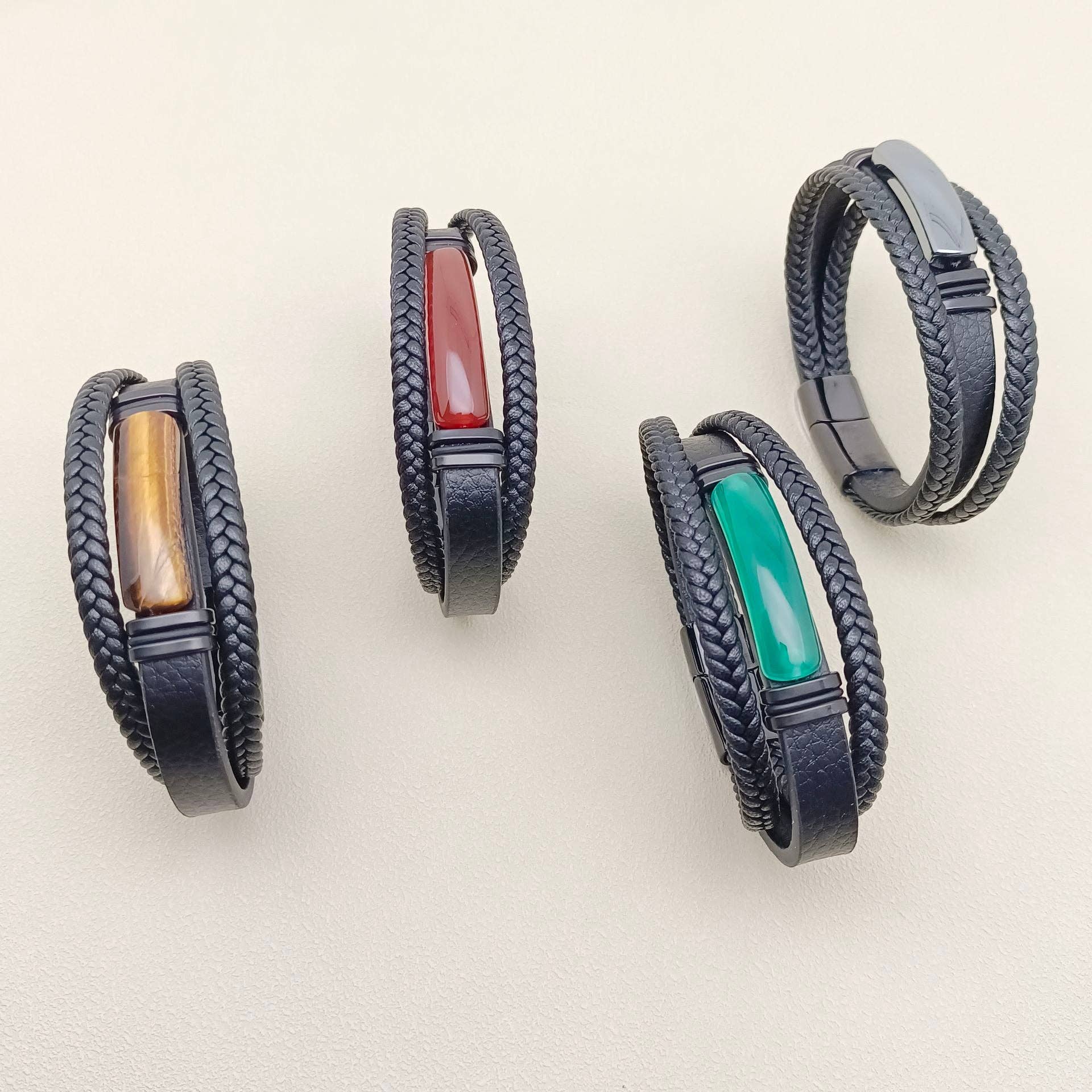 Mio Queena Mio Queena - Men's Stone-Inlaid Three-Layer Leather Woven Bracelet -MJ/BC: Style 3 / 210mm / 8.27in