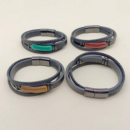 Mio Queena Mio Queena - Men's Stone-Inlaid Three-Layer Leather Woven Bracelet -MJ/BC: Style 3 / 210mm / 8.27in