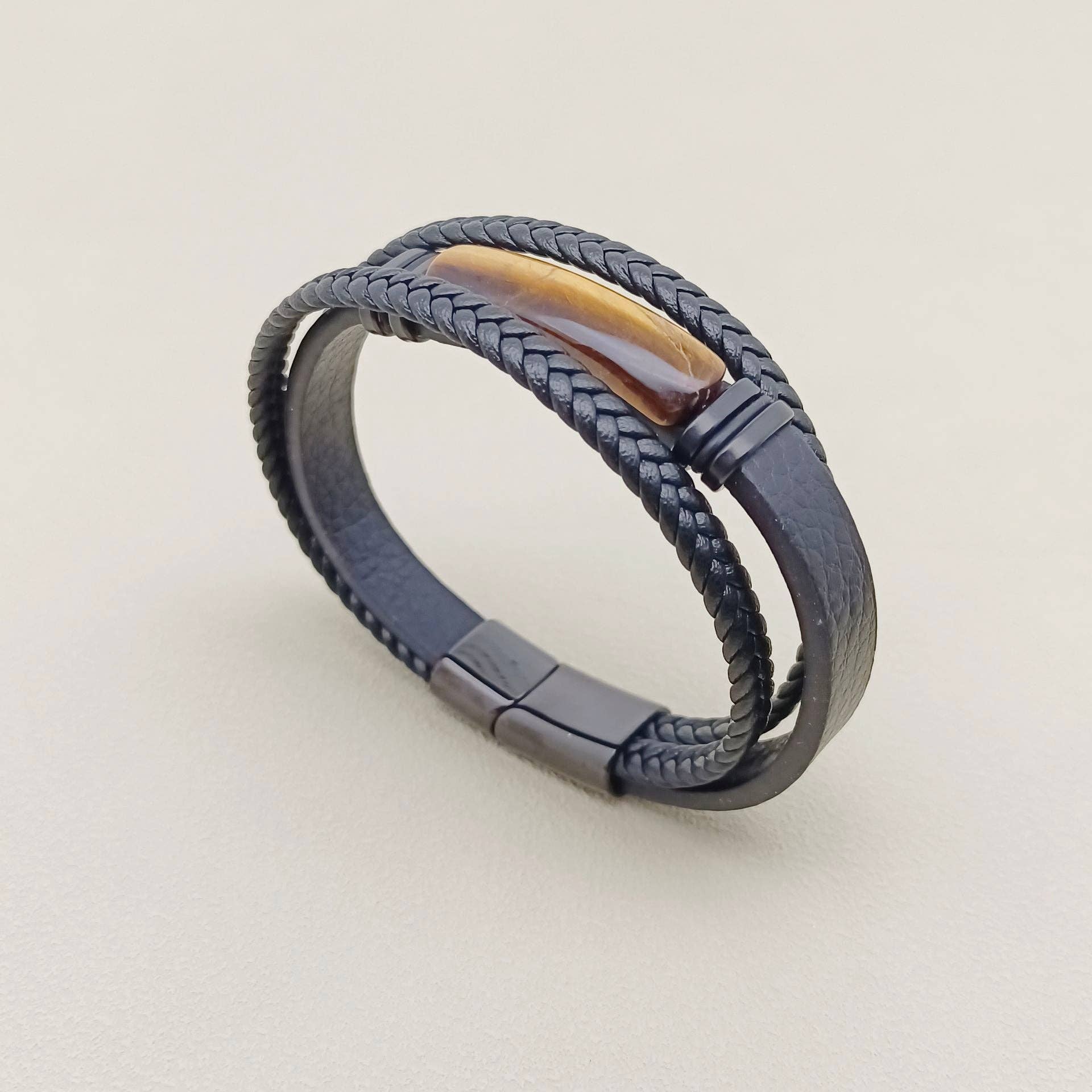 Mio Queena Mio Queena - Men's Stone-Inlaid Three-Layer Leather Woven Bracelet -MJ/BC: Style 3 / 210mm / 8.27in