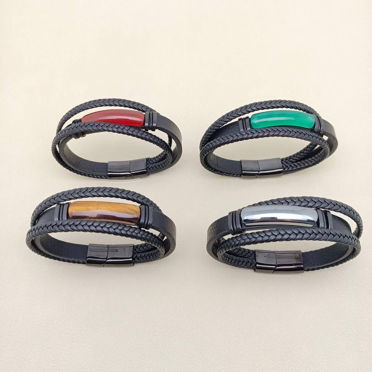 Mio Queena Mio Queena - Men's Stone-Inlaid Three-Layer Leather Woven Bracelet -MJ/BC: Style 3 / 210mm / 8.27in