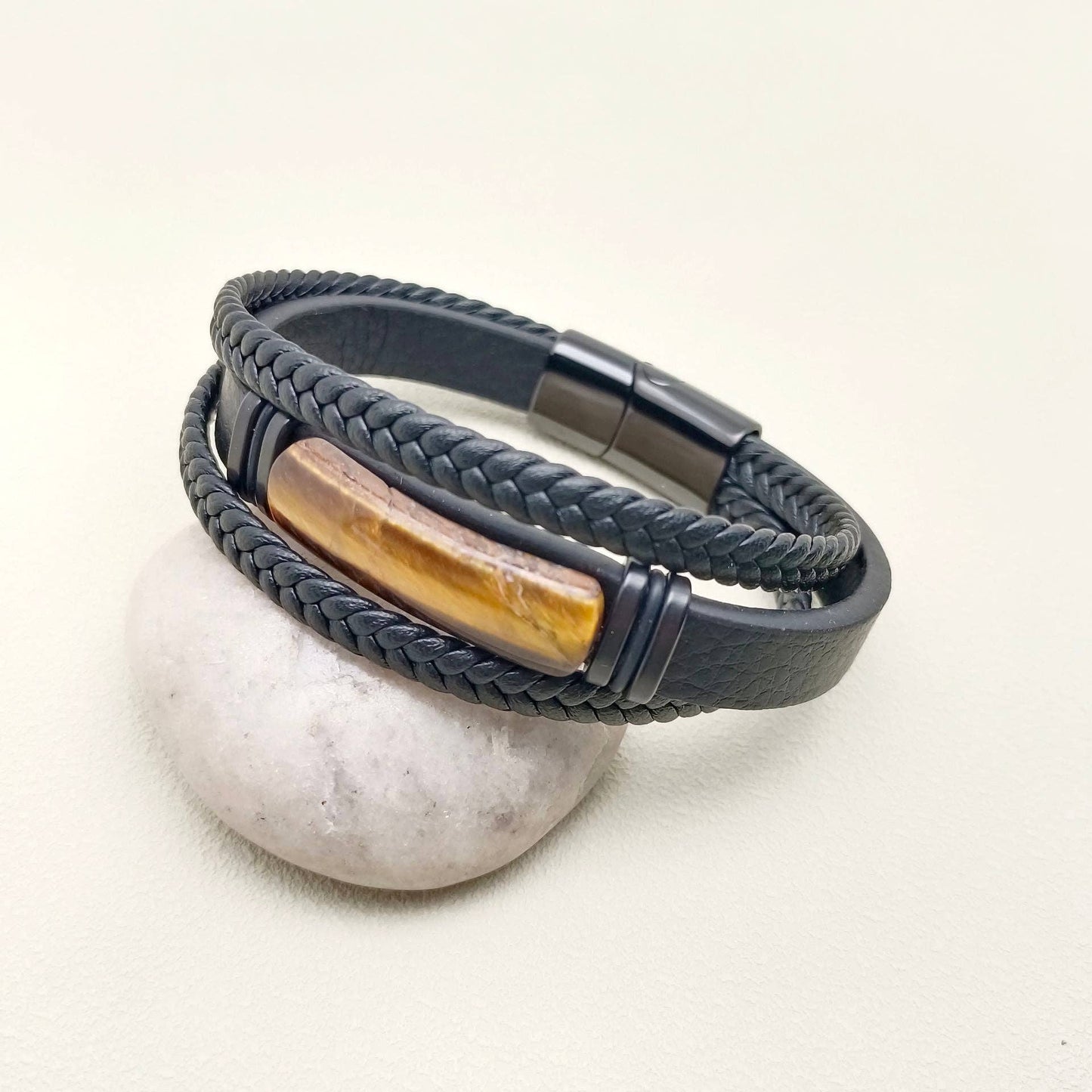 Mio Queena Mio Queena - Men's Stone-Inlaid Three-Layer Leather Woven Bracelet -MJ/BC: Style 3 / 210mm / 8.27in