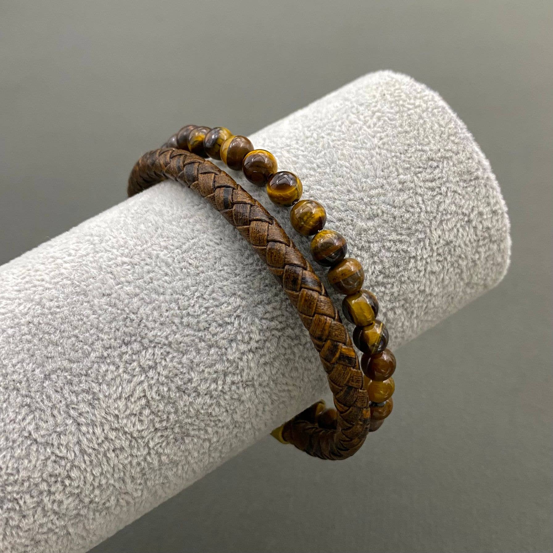 Mio Queena Mio Queena - Men's Tiger Eye Stone Leather Double Layer Bracelet - MJ/BC
