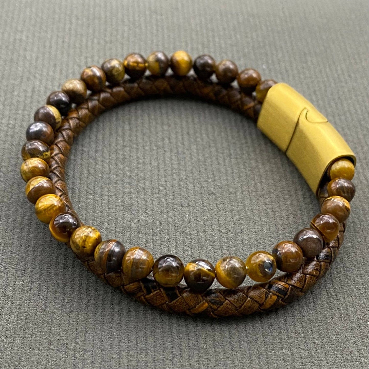 Mio Queena Mio Queena - Men's Tiger Eye Stone Leather Double Layer Bracelet - MJ/BC