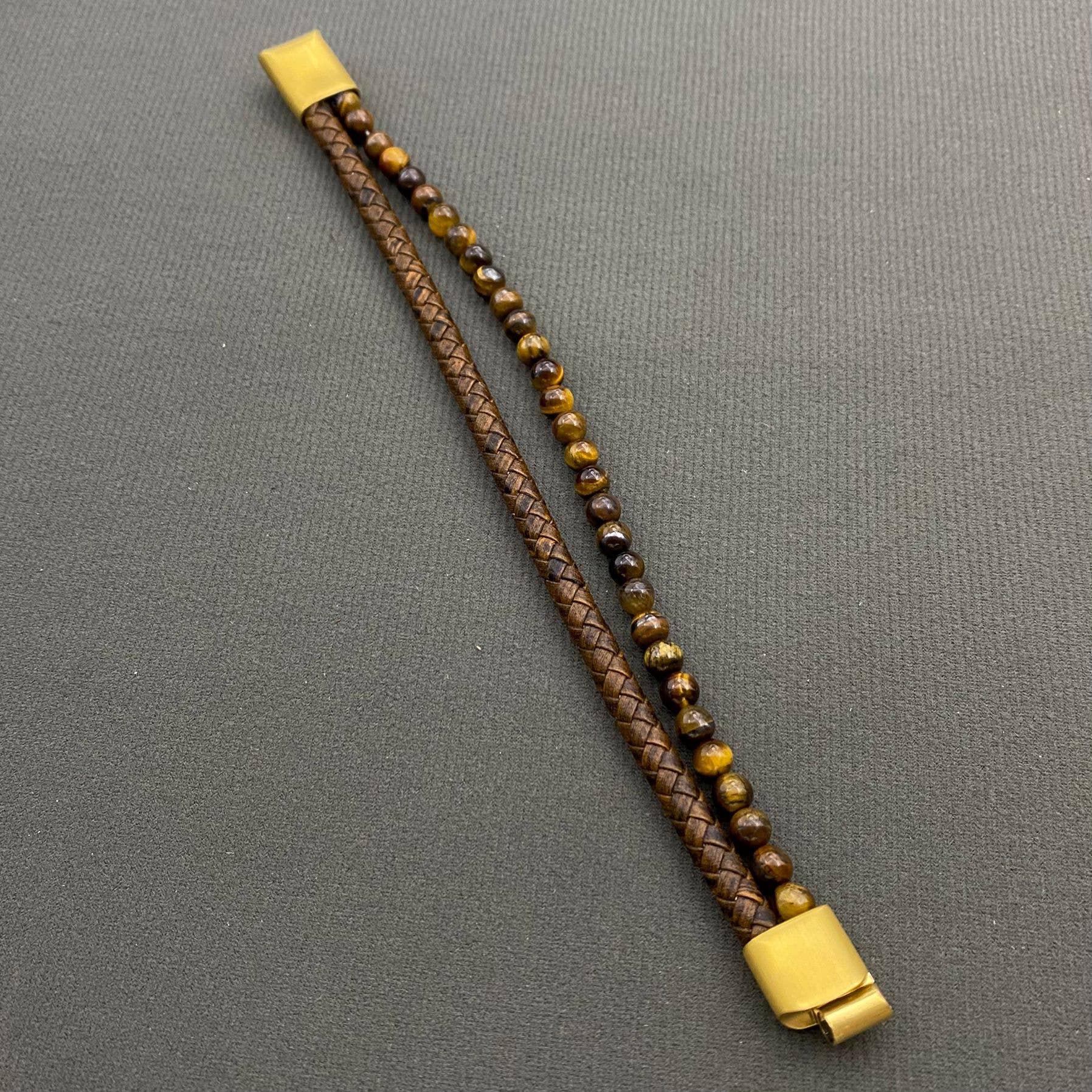 Mio Queena Mio Queena - Men's Tiger Eye Stone Leather Double Layer Bracelet - MJ/BC