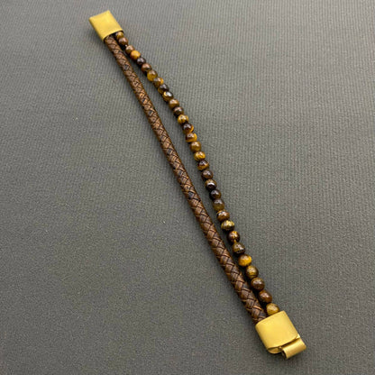 Mio Queena Mio Queena - Men's Tiger Eye Stone Leather Double Layer Bracelet - MJ/BC