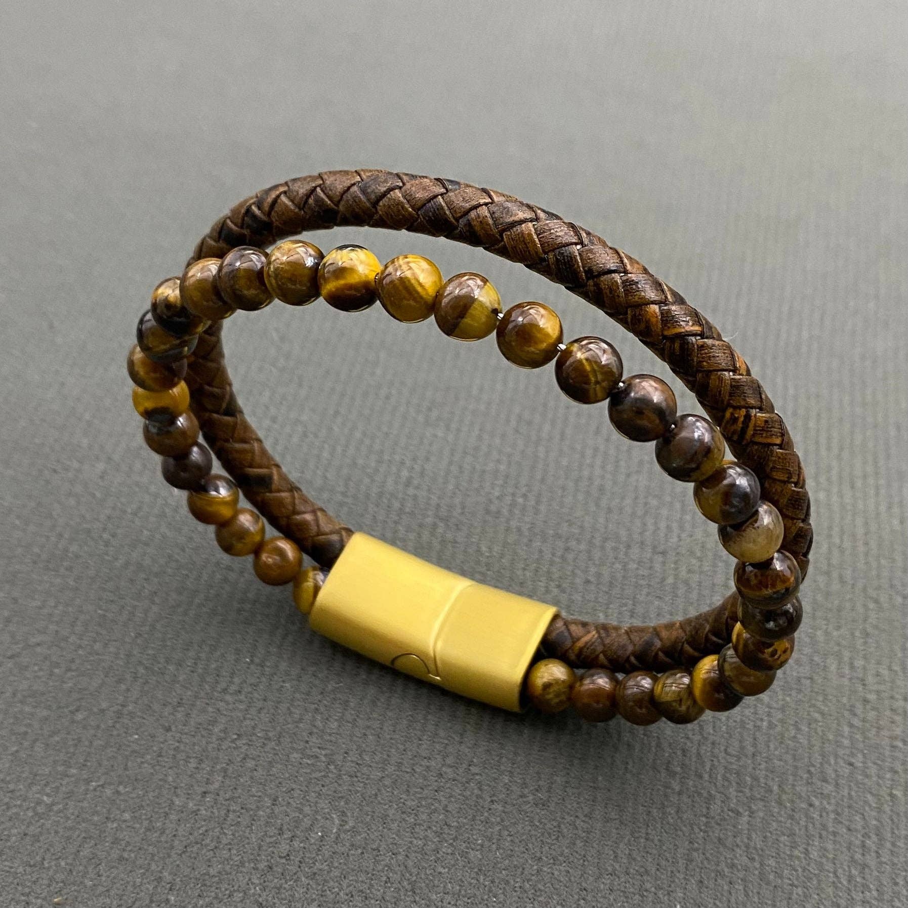 Mio Queena Mio Queena - Men's Tiger Eye Stone Leather Double Layer Bracelet - MJ/BC