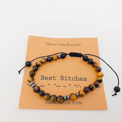 Mio Queena Mio Queena - Morse Code Tiger's Eye Frosted Stone Beaded Stretch Bracelet: Fuck Off