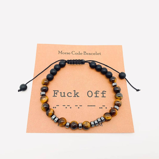 Mio Queena Mio Queena - Morse Code Tiger's Eye Frosted Stone Beaded Stretch Bracelet: Fuck Off