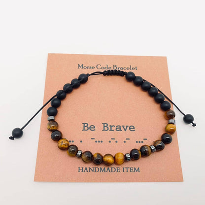 Mio Queena Mio Queena - Morse Code Tiger's Eye Frosted Stone Beaded Stretch Bracelet: I am the Storm