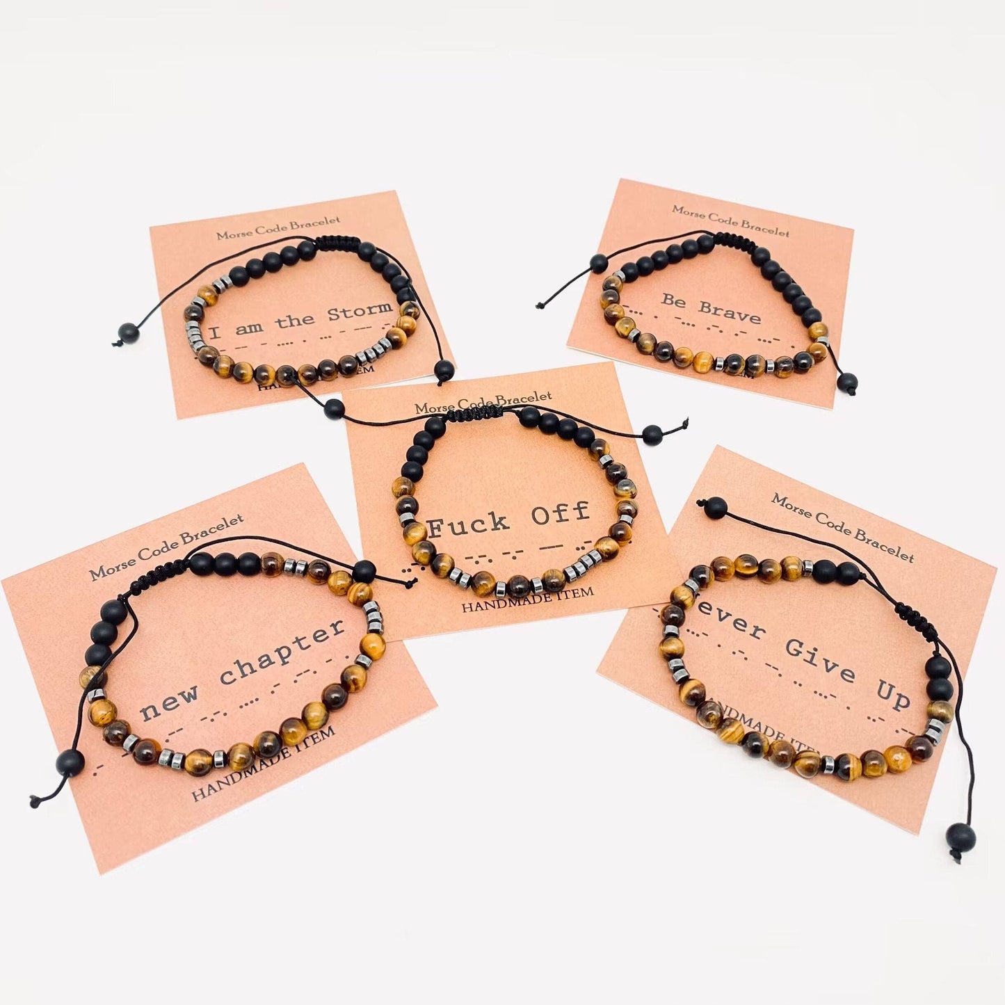 Mio Queena Mio Queena - Morse Code Tiger's Eye Frosted Stone Beaded Stretch Bracelet: I am the Storm
