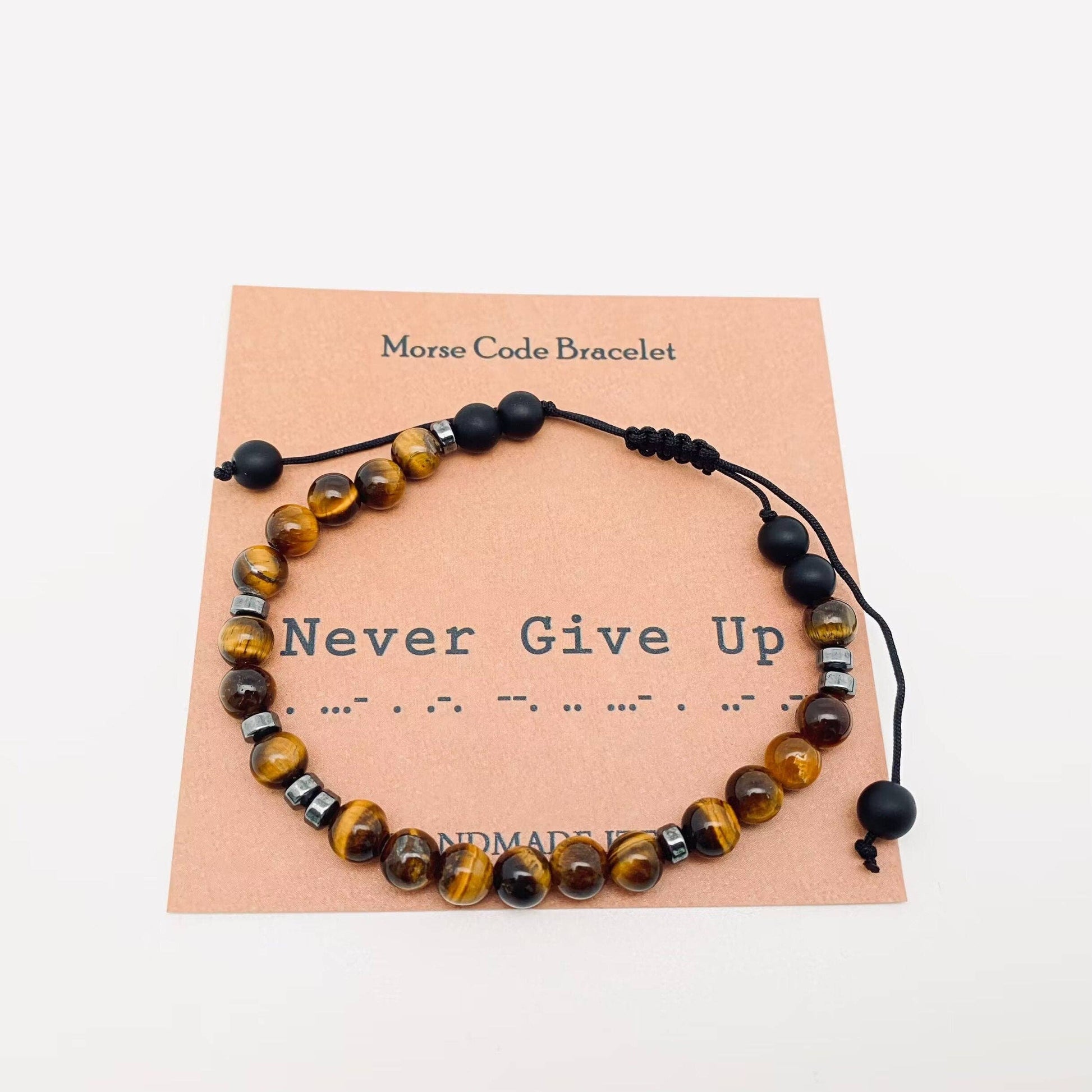 Mio Queena Mio Queena - Morse Code Tiger's Eye Frosted Stone Beaded Stretch Bracelet: Strength