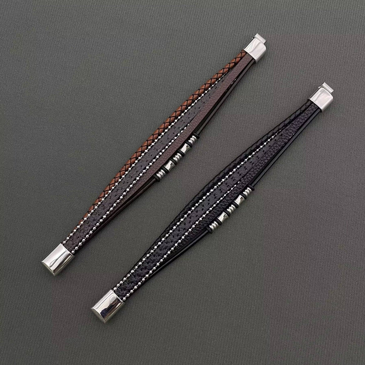 Mio Queena Mio Queena - Multi-Layer PU Leather Men's Magnetic Buckle Bracelet -MJ/BC: Black + Brown