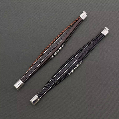 Mio Queena Mio Queena - Multi-Layer PU Leather Men's Magnetic Buckle Bracelet -MJ/BC: Black + Brown