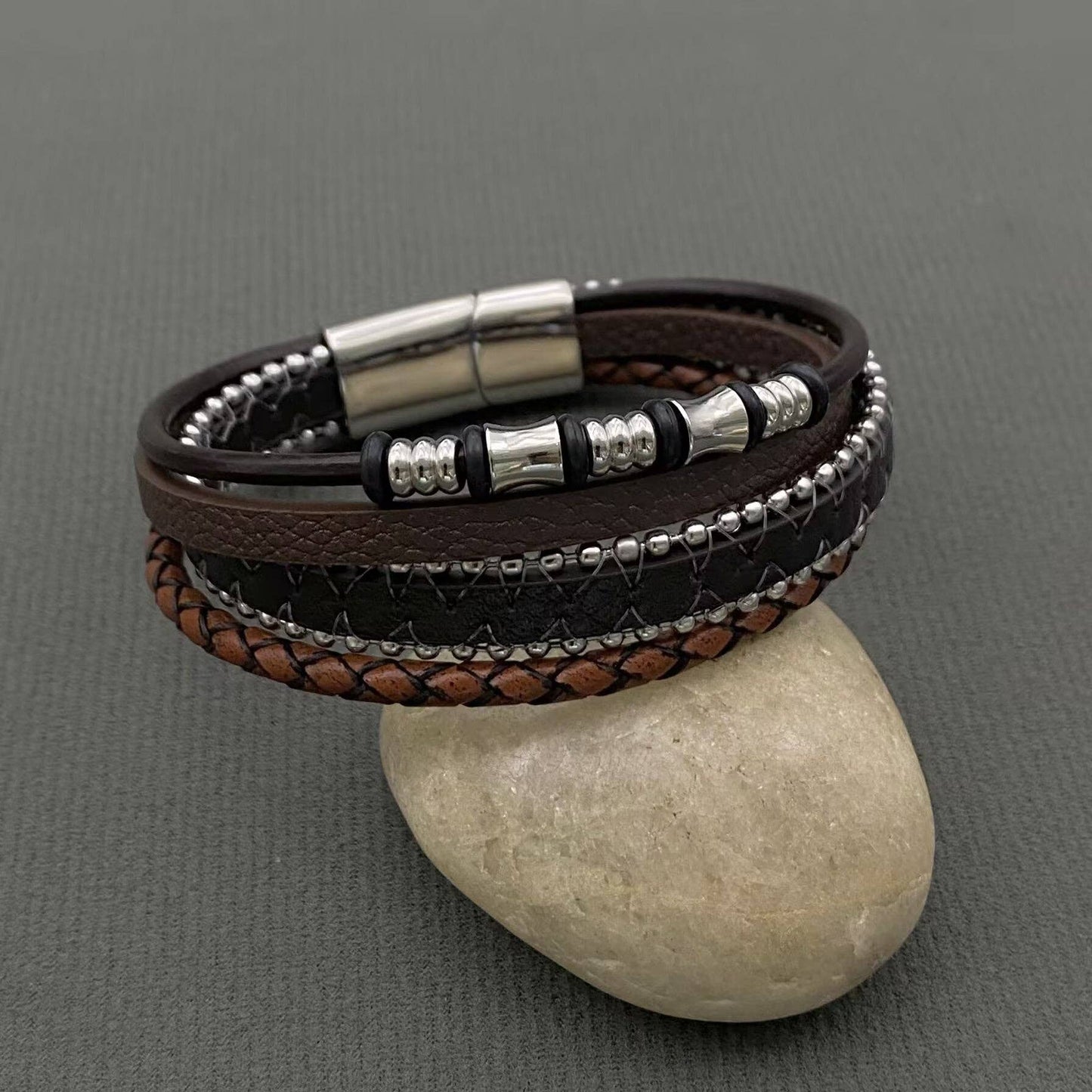 Mio Queena Mio Queena - Multi-Layer PU Leather Men's Magnetic Buckle Bracelet -MJ/BC: Black + Brown