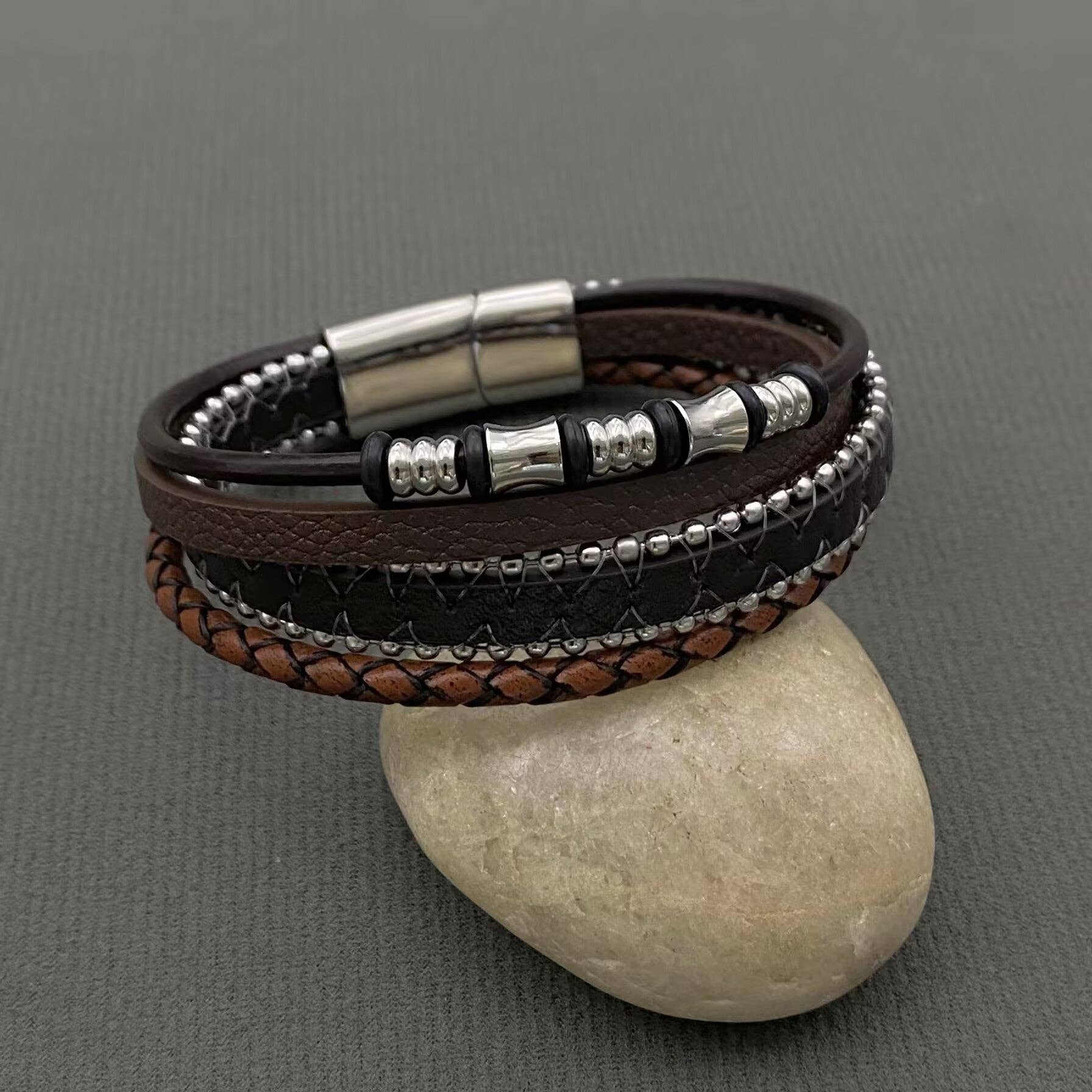 Mio Queena Mio Queena - Multi-Layer PU Leather Men's Magnetic Buckle Bracelet -MJ/BC: Black + Brown