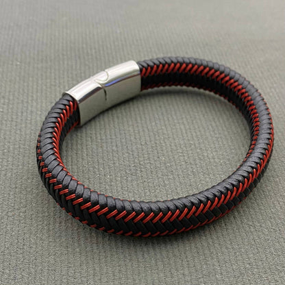 Mio Queena Mio Queena - Red and Black Two-Tone Leather Woven Men's Bracelet - MJ/BC: Black buckle / 205mm / 8.07in