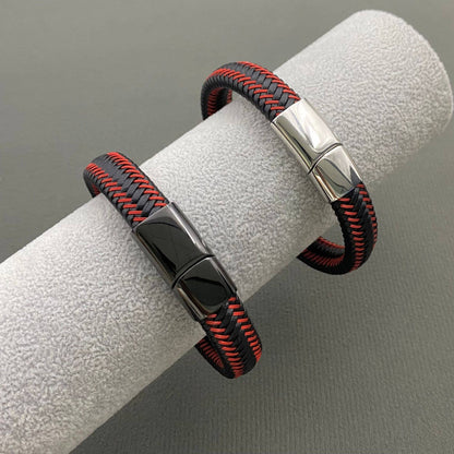Mio Queena Mio Queena - Red and Black Two-Tone Leather Woven Men's Bracelet - MJ/BC: Black buckle / 205mm / 8.07in