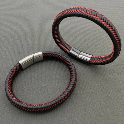 Mio Queena Mio Queena - Red and Black Two-Tone Leather Woven Men's Bracelet - MJ/BC: Black buckle / 205mm / 8.07in