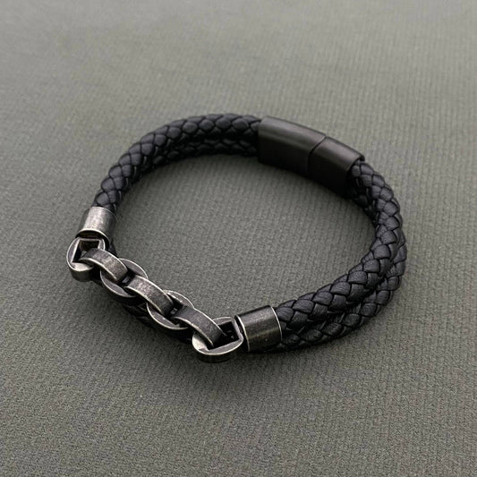 Mio Queena Mio Queena - Retro S.Steel Chain Men's Double-layer Leather Bracelet - MJ/BC