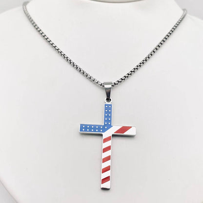Mio Queena Mio Queena - Stars and Stripe Flag Stainless Steel Cross Necklace -MJ/MNP: Steel color