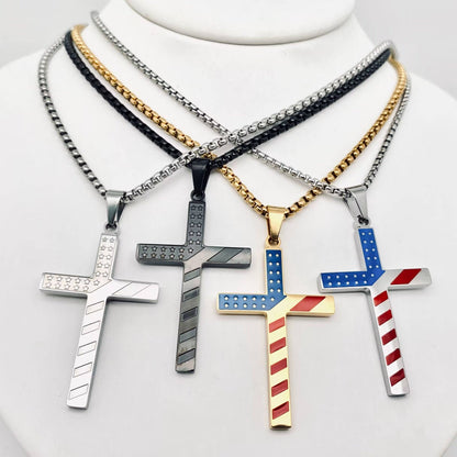Mio Queena Mio Queena - Stars and Stripe Flag Stainless Steel Cross Necklace -MJ/MNP: Steel color