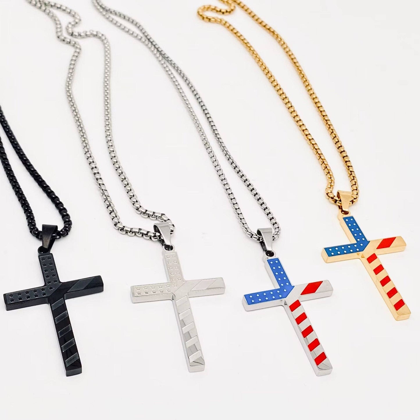 Mio Queena Mio Queena - Stars and Stripe Flag Stainless Steel Cross Necklace -MJ/MNP: Steel color