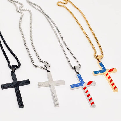 Mio Queena Mio Queena - Stars and Stripe Flag Stainless Steel Cross Necklace -MJ/MNP: Steel color