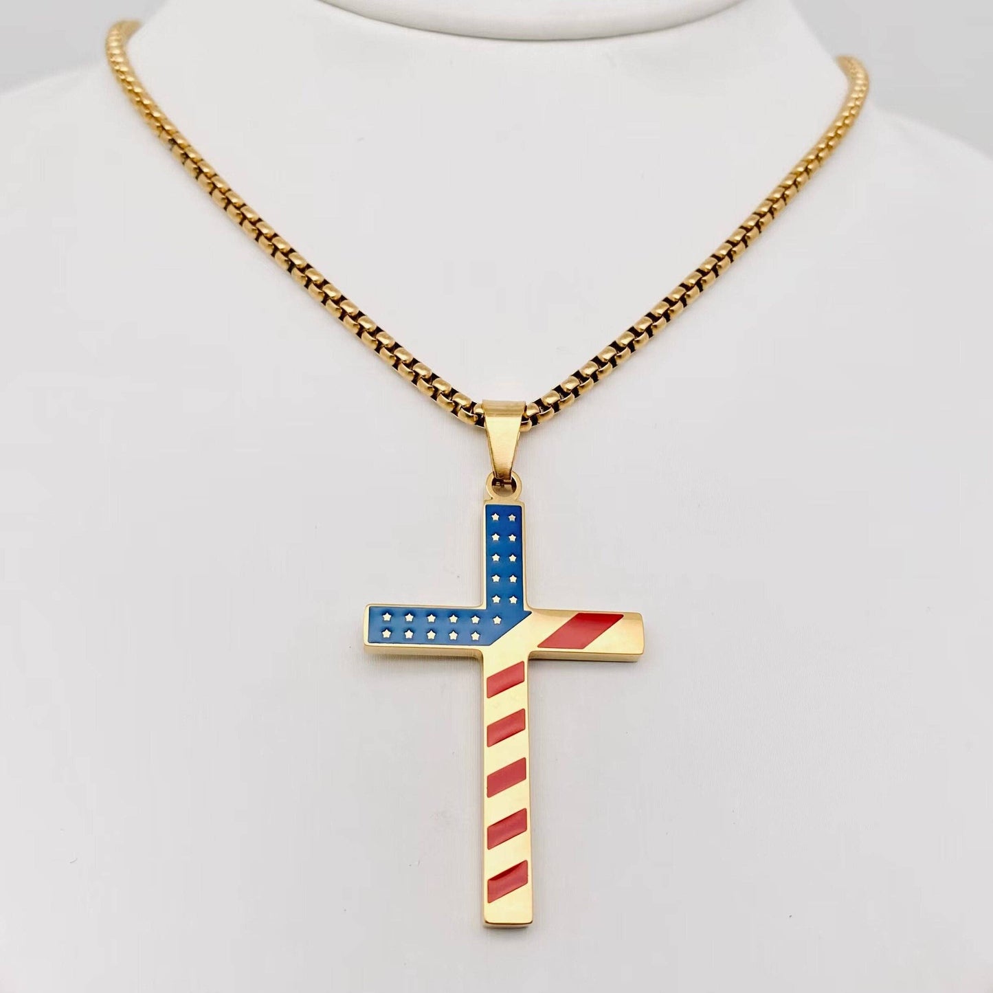 Mio Queena Mio Queena - Stars and Stripe Flag Stainless Steel Cross Necklace -MJ/MNP: Steel color