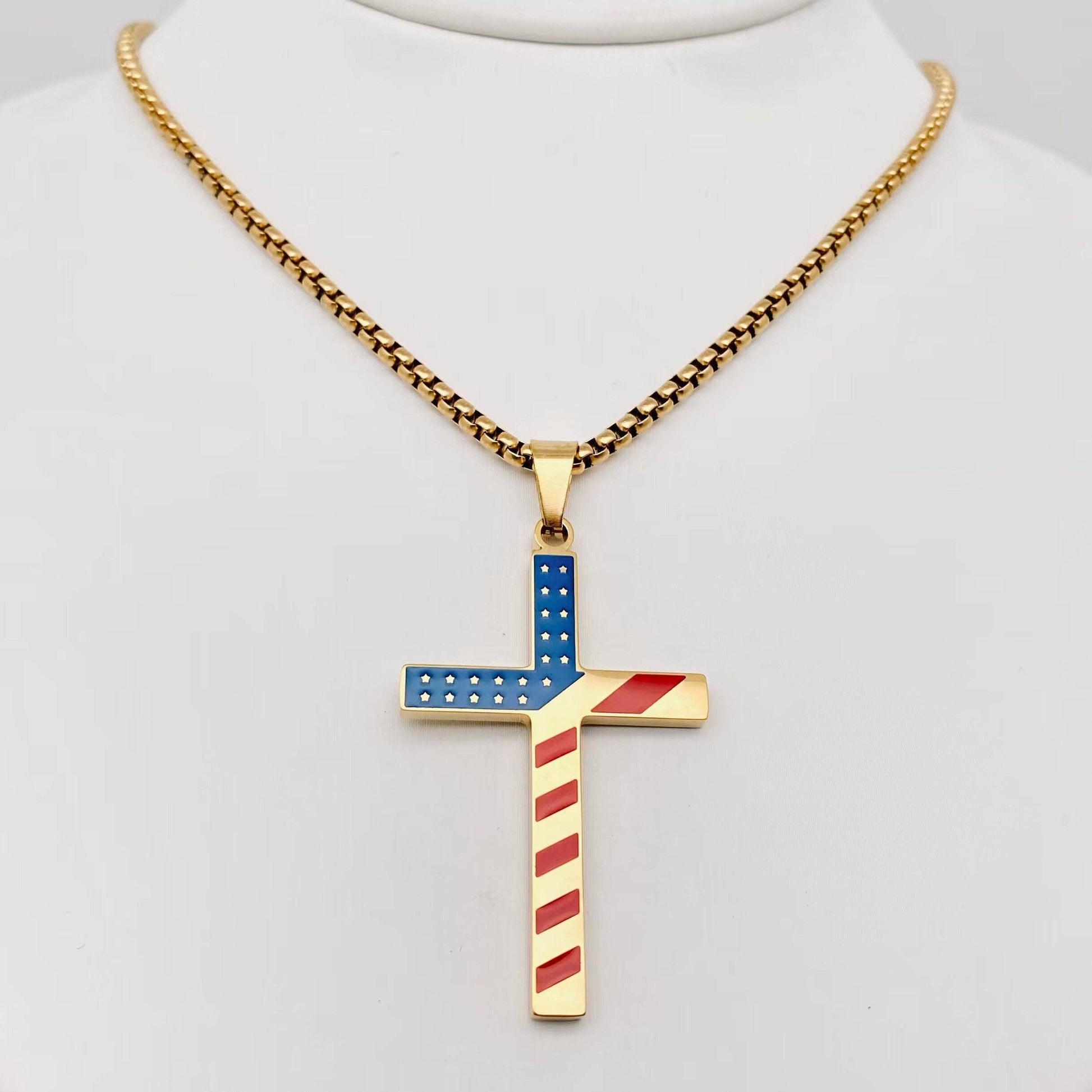 Mio Queena Mio Queena - Stars and Stripe Flag Stainless Steel Cross Necklace -MJ/MNP: Steel color
