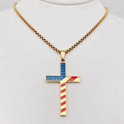 Mio Queena Mio Queena - Stars and Stripe Flag Stainless Steel Cross Necklace -MJ/MNP: Steel color