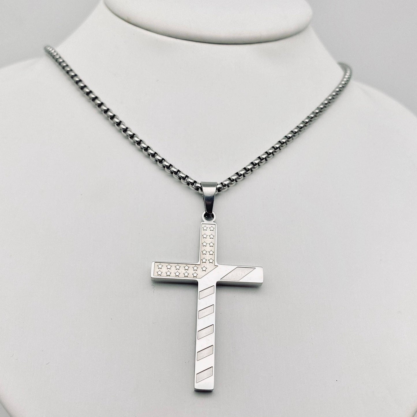 Mio Queena Mio Queena - Stars and Stripe Flag Stainless Steel Cross Necklace -MJ/MNP: Steel color