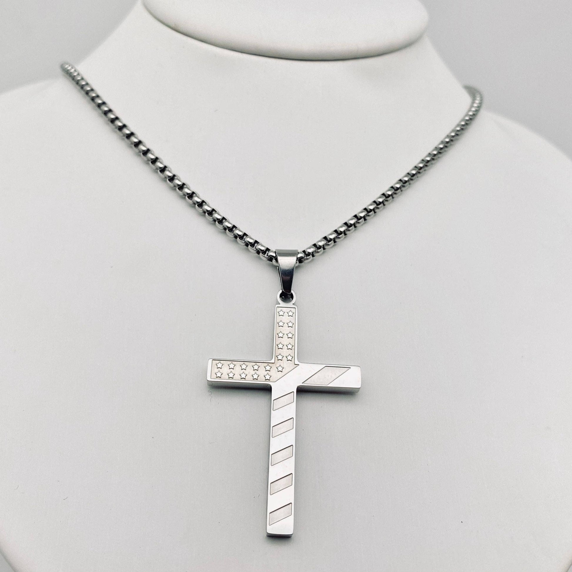 Mio Queena Mio Queena - Stars and Stripe Flag Stainless Steel Cross Necklace -MJ/MNP: Steel color