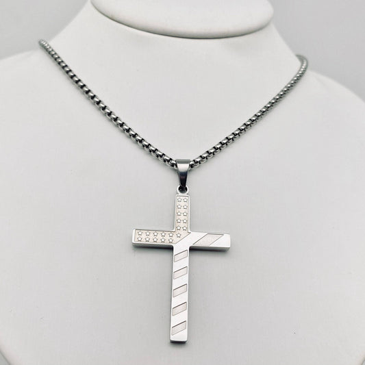 Mio Queena Mio Queena - Stars and Stripe Flag Stainless Steel Cross Necklace -MJ/MNP: Steel color