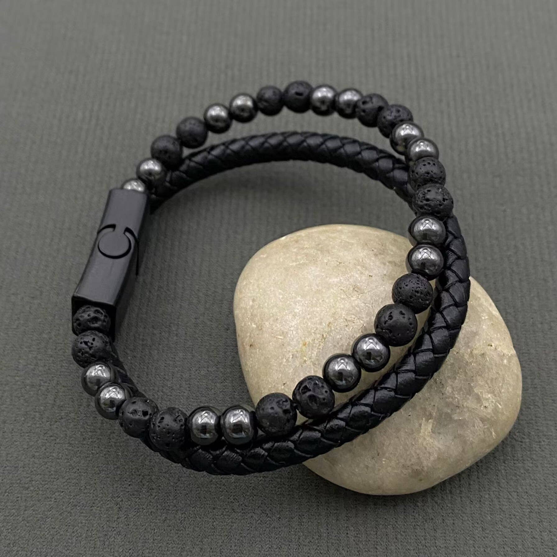 Mio Queena Mio Queena - Stone Beads PU Leather Men's Magnetic Buckle Bracelet -MJ/BC: Tiger's eye stone