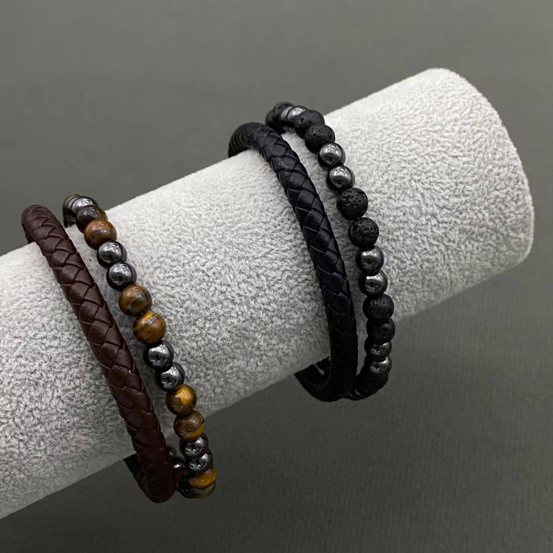 Mio Queena Mio Queena - Stone Beads PU Leather Men's Magnetic Buckle Bracelet -MJ/BC: Tiger's eye stone