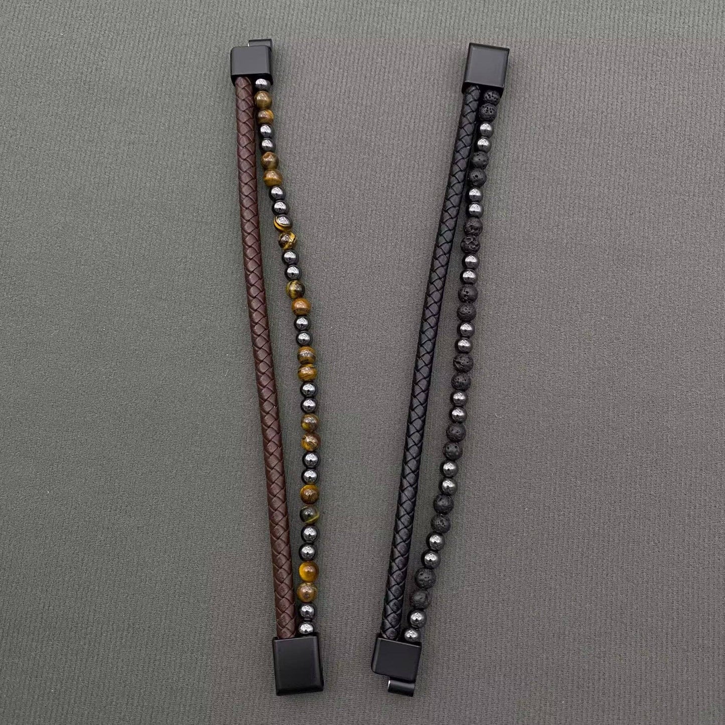 Mio Queena Mio Queena - Stone Beads PU Leather Men's Magnetic Buckle Bracelet -MJ/BC: Tiger's eye stone