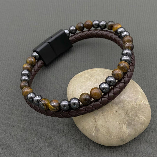 Mio Queena Mio Queena - Stone Beads PU Leather Men's Magnetic Buckle Bracelet -MJ/BC: Tiger's eye stone